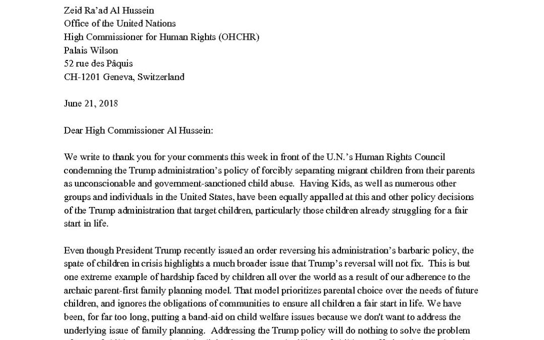 UN Letter re Migrant Children 6-20-18