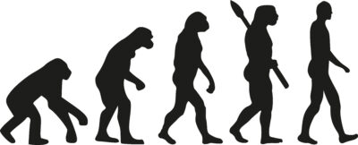 A black silhouette illustration showing human evolution: an ape evolving gradually into an upright human figure, with the fourth figure holding a spear, progressing from left to right.