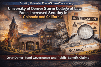 Image showing the University of Denver Sturm College of Law with police tape, a gavel, and a magnifying glass over files labeled “Investigation” and “Scandal.” Text highlights scrutiny in Colorado and California over donor funds.