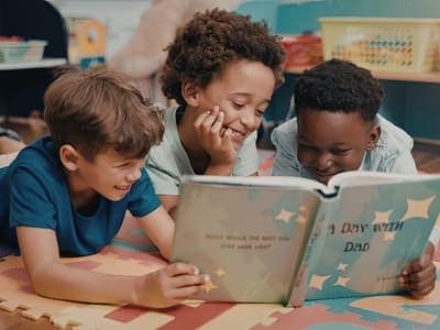 Three young children lie on a colorful play mat, smiling and reading a large picture book together in a bright classroom setting.
