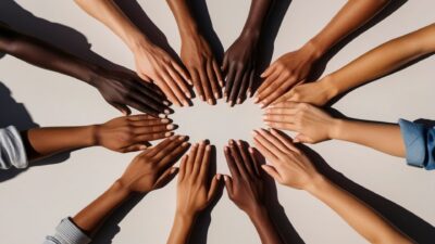 Hands in a circle representing diversity of different races